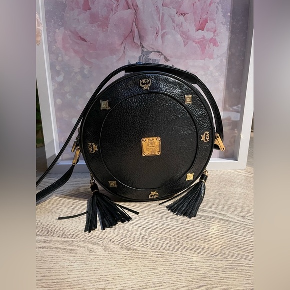 MCM Black Round Crossbody Bag with Gold Details Rare 8x8” purse handbag luxury - Picture 2 of 6